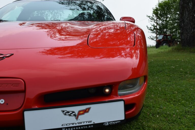 Close-up of the front end of a red Corvette parked on grass, with a tree trunk and a red vehicle visible in the background.