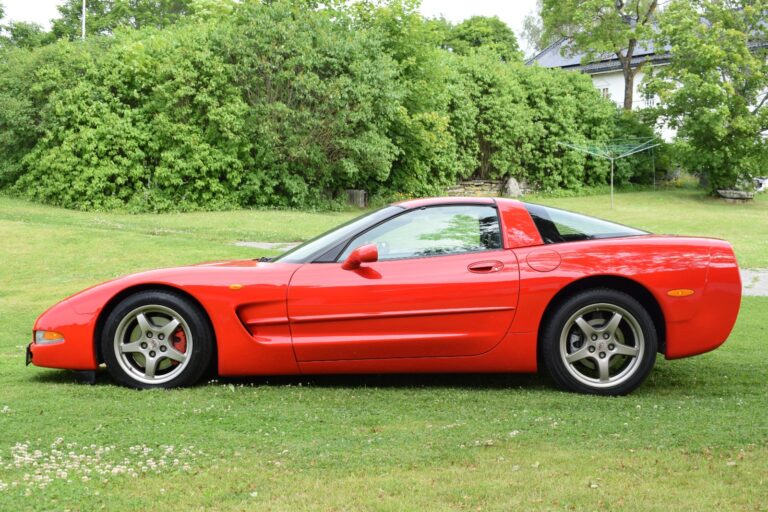 A bright red sports car is parked on a grassy area, surrounded by lush green foliage. The car is clean and well-maintained, with a sleek design.