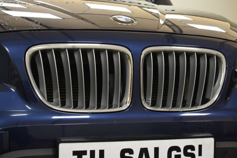 Close-up of the front grille of a blue car with a license plate partially showing "TIL SALGS," indicating the car is for sale.