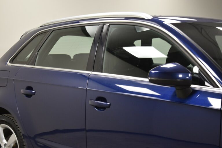 A dark blue car viewed from the side, focusing on the upper half, including the side mirror and roof rail.